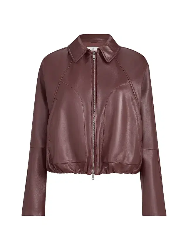 Brunello Cucinelli Women's Nappa Leather Outerwear Jacket with Drawstring and Monili - Burgundy