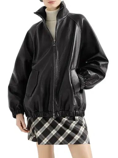 Brunello Cucinelli Women's Nappa Leather Bomber Jacket with Monili - Black | Thumbnail 2 Brunello Cucinelli Women's Nappa Leather Bomber Jacket with Monili - Black | Thumbnail 2