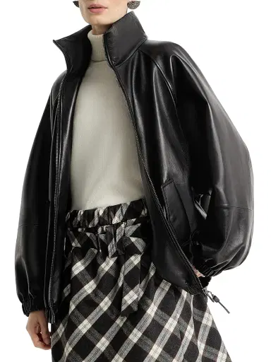 Brunello Cucinelli Women's Nappa Leather Bomber Jacket with Monili - Black | Thumbnail 3 Brunello Cucinelli Women's Nappa Leather Bomber Jacket with Monili - Black | Thumbnail 3