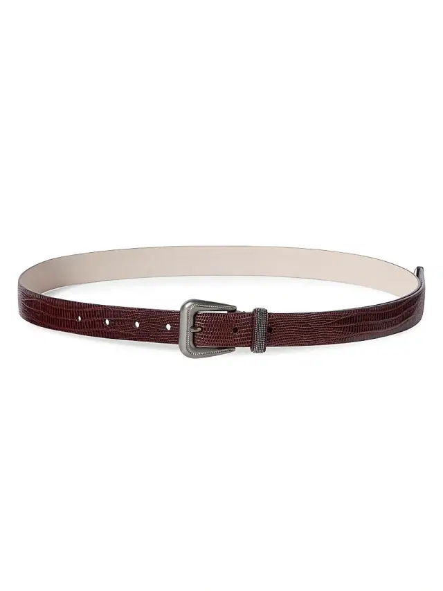 Brunello Cucinelli Women's Lizard Effect Calfskin Belt with Shiny Loop - Burgundy