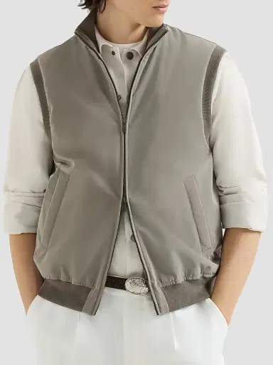 Brunello Cucinelli Men's Bonded Nylon Vest with Thermore Padding - Military | Thumbnail 2 Brunello Cucinelli Men's Bonded Nylon Vest with Thermore Padding - Military | Thumbnail 2