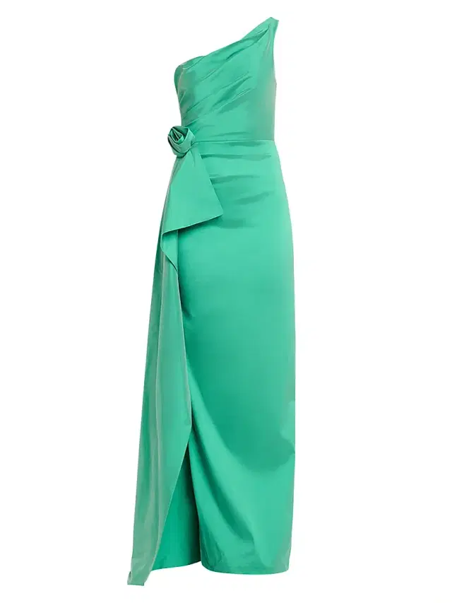 Teri Jon by Rickie Freeman Women's Flower-Corsage One-Shoulder Taffeta Gown - Lime