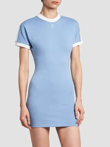 Versace Women's La Vacanza Medusa Logo Stretch Cotton T-Shirt Dress - Dusty Blue White - Size 10 | Thumbnail 4