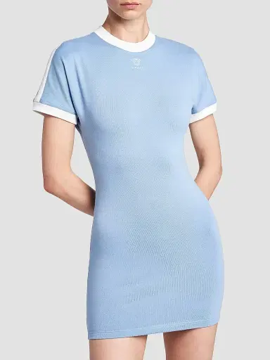 Versace Women's La Vacanza Medusa Logo Stretch Cotton T-Shirt Dress - Dusty Blue White - Size 10 | Thumbnail 6
