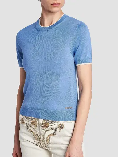 Versace Women's La Vacanza Classic Stretch Wool Sweater - Sky - Size 12 | Thumbnail 6