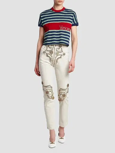 Versace Women's La Vacanza Vintage Logo Stripe Cotton T-Shirt - Ink Grass Green White - Size 10 | Thumbnail 2