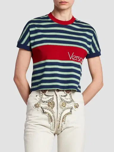 Versace Women's La Vacanza Vintage Logo Stripe Cotton T-Shirt - Ink Grass Green White - Size 10 | Thumbnail 3