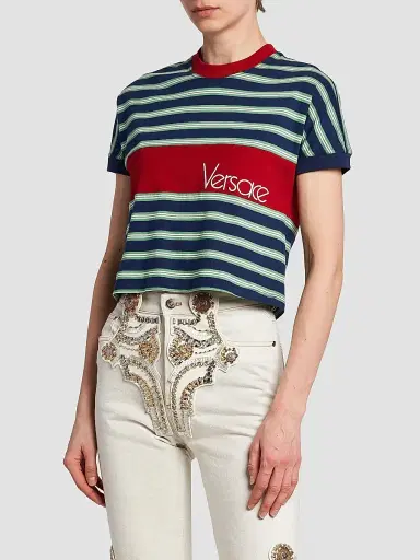 Versace Women's La Vacanza Vintage Logo Stripe Cotton T-Shirt - Ink Grass Green White - Size 10 | Thumbnail 4