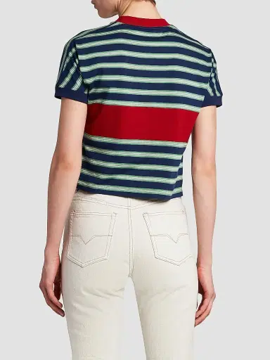 Versace Women's La Vacanza Vintage Logo Stripe Cotton T-Shirt - Ink Grass Green White - Size 10 | Thumbnail 5