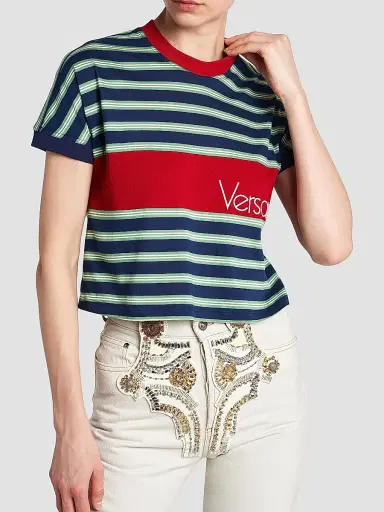 Versace Women's La Vacanza Vintage Logo Stripe Cotton T-Shirt - Ink Grass Green White - Size 10 | Thumbnail 6