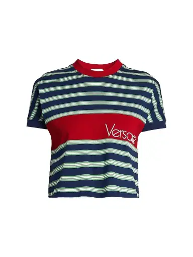 Versace Women's La Vacanza Vintage Logo Stripe Cotton T-Shirt - Ink Grass Green White - Size 10 | Thumbnail 1