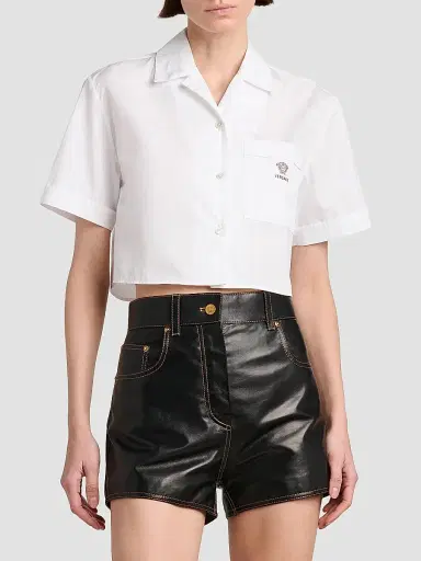 Versace Women's La Vacanza Medusa Head Cotton Crop Shirt - Optical White - Size 0 | Thumbnail 3