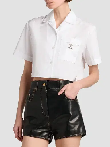 Versace Women's La Vacanza Medusa Head Cotton Crop Shirt - Optical White - Size 0 | Thumbnail 4