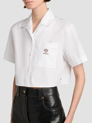 Versace Women's La Vacanza Medusa Head Cotton Crop Shirt - Optical White - Size 0 | Thumbnail 6