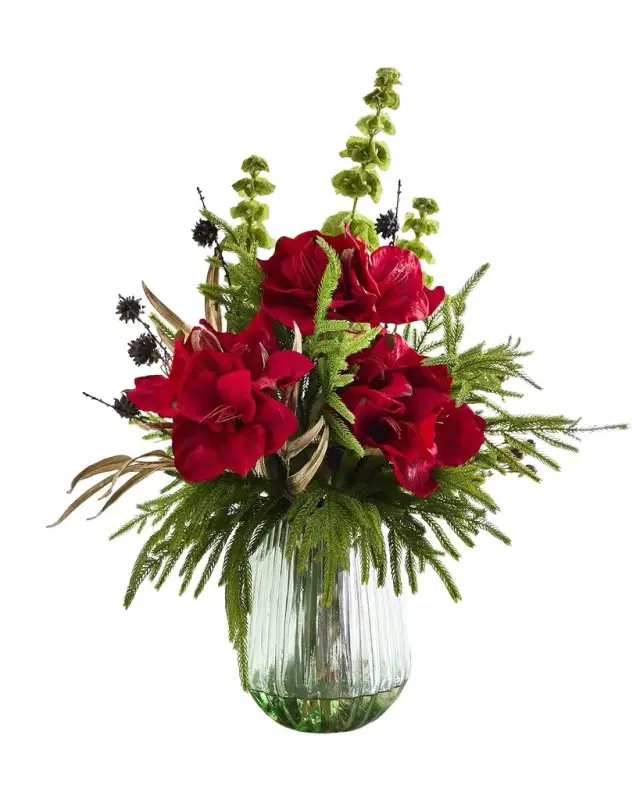 T & C Floral Company Christmas 27" Faux Floral Arrangement in Green Glass Vase