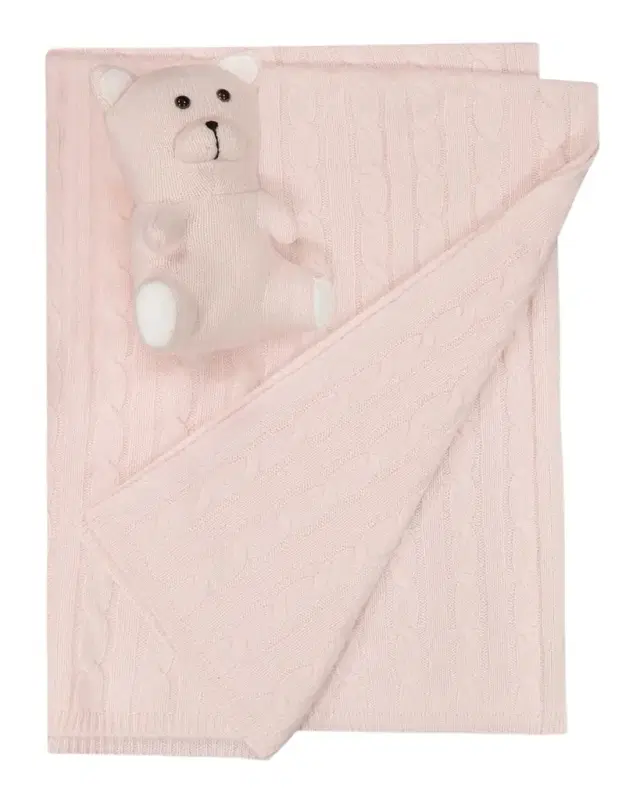 Sofia Cashmere Pure Cashmere Cable Baby Blanket and Teddy Bear Set
