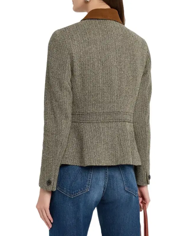 Suede-Trim Herringbone Jacket