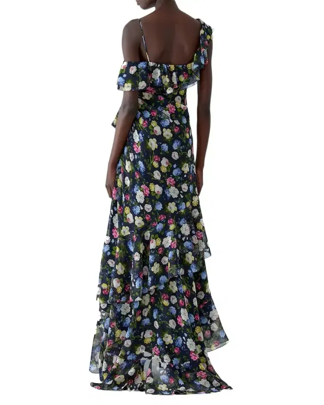 Floral-Print Silk Chiffon Asymmetric Ruffle Gown