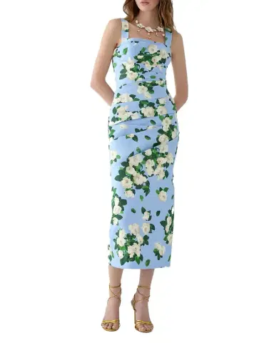 Carolina Herrera Draped Floral Cotton Sleeveless Midi Dress | Thumbnail 1