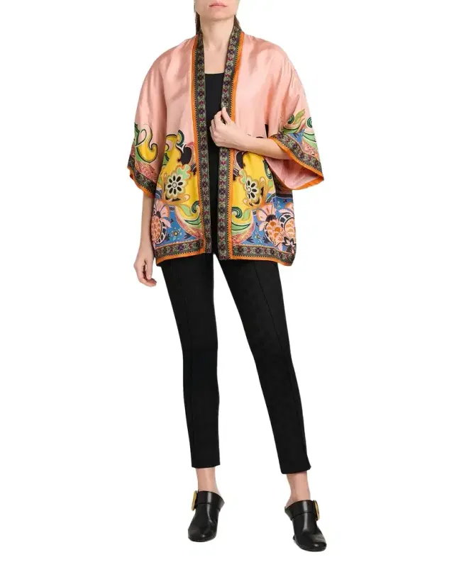 Kesa Printed Silk Short-Sleeve Open Jacket