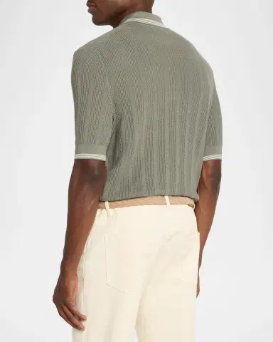 Brunello Cucinelli Men's Cotton Textured Rib Knit Polo Shirt | Thumbnail 2