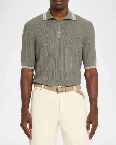 Brunello Cucinelli Men's Cotton Textured Rib Knit Polo Shirt | Thumbnail 3