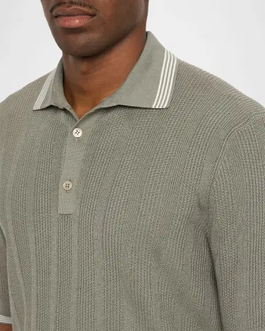 Brunello Cucinelli Men's Cotton Textured Rib Knit Polo Shirt | Thumbnail 4