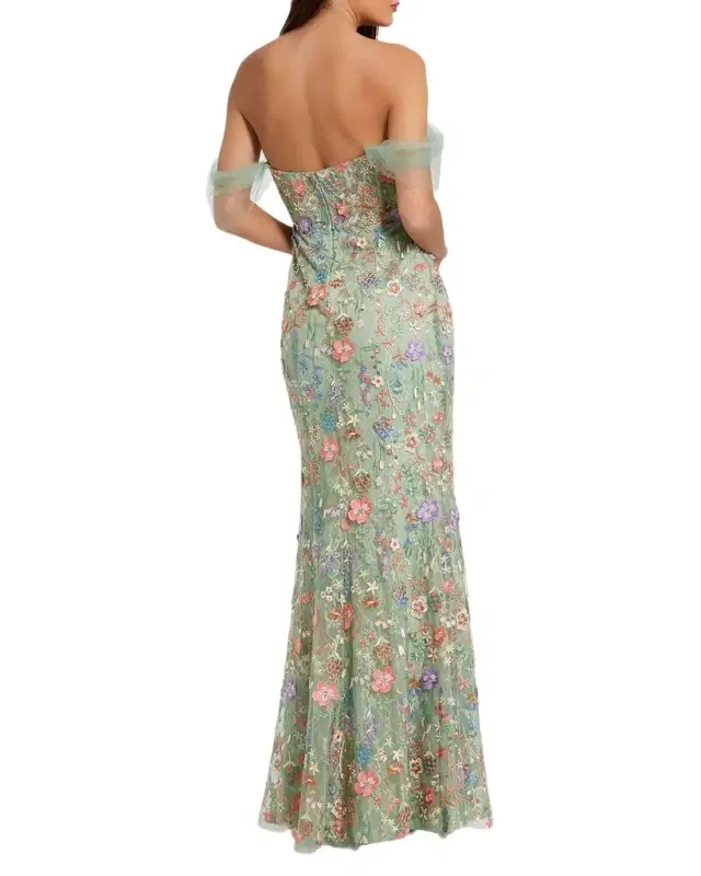 Floral-Embroidered Off-The-Shoulder Bustier Gown