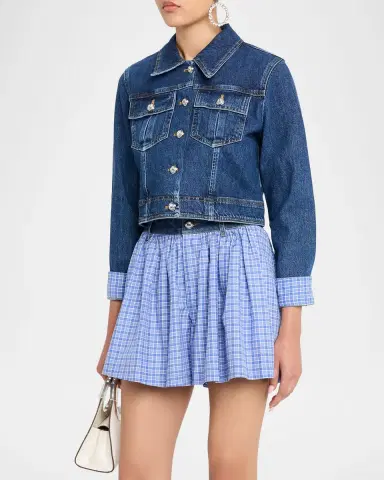 Cinq à Sept Lexie Gingham-Cuff Cropped Denim Jacket | Thumbnail 3 Cinq à Sept Lexie Gingham-Cuff Cropped Denim Jacket | Thumbnail 3