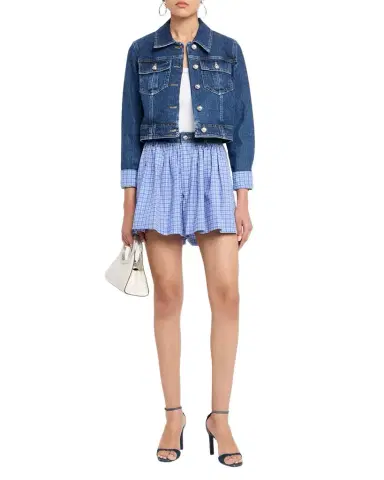 Cinq à Sept Lexie Gingham-Cuff Cropped Denim Jacket | Thumbnail 1 Cinq à Sept Lexie Gingham-Cuff Cropped Denim Jacket | Thumbnail 1