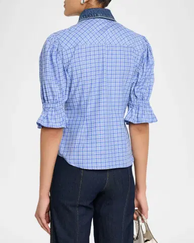 Cinq à Sept Keely Denim-Collar Gingham Top | Thumbnail 2 Cinq à Sept Keely Denim-Collar Gingham Top | Thumbnail 2