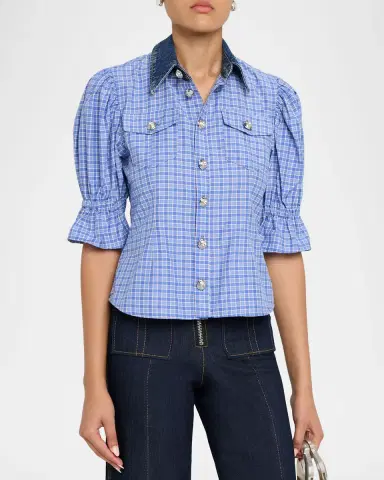 Cinq à Sept Keely Denim-Collar Gingham Top | Thumbnail 3 Cinq à Sept Keely Denim-Collar Gingham Top | Thumbnail 3