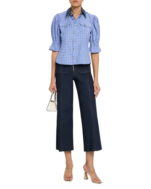Cinq a Sept Keely Denim-Collar Gingham Top