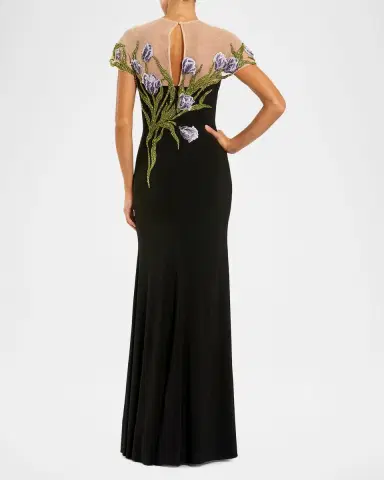 Mac Duggal Petite Floral-Embroidered Illusion-Neck Gown | Thumbnail 2