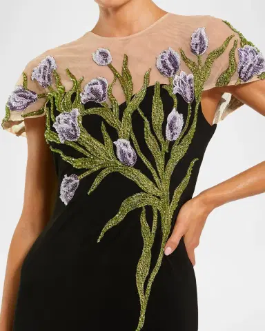 Mac Duggal Petite Floral-Embroidered Illusion-Neck Gown | Thumbnail 3