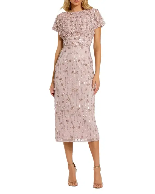 Mac Duggal Petite Beaded Tulle Sheath Midi Dress