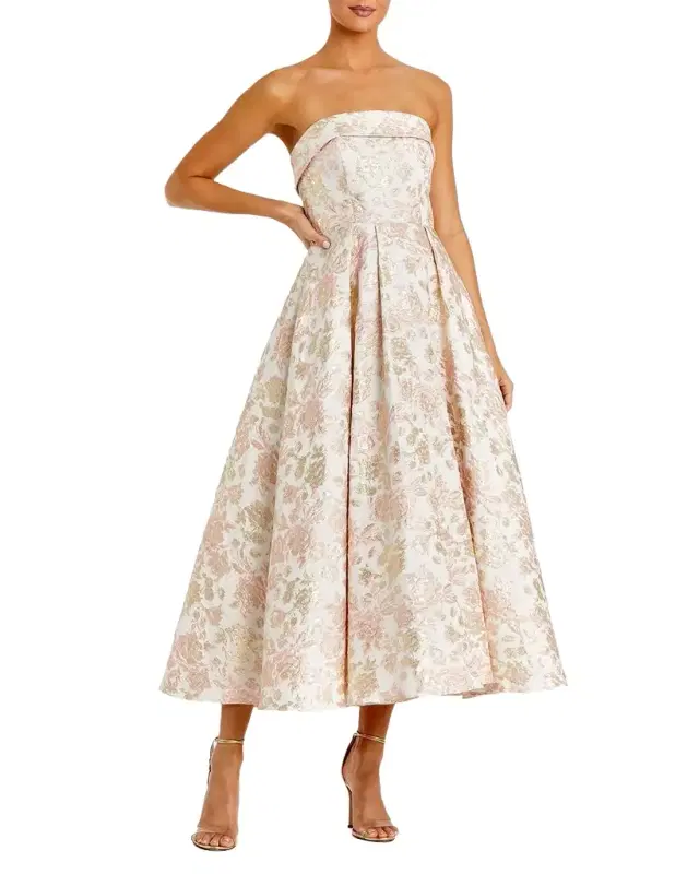 Strapless Floral Brocade A Line Midi Dress