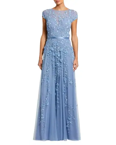 Mac Duggal Petite Floral Applique Cap-Sleeve A-Line Gown | Thumbnail 1