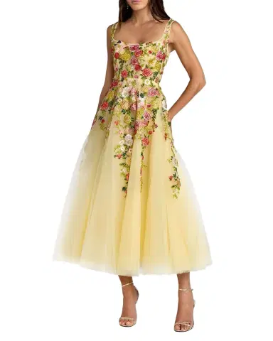 Mac Duggal Floral-Embroidered Tulle A-Line Midi Dress | Thumbnail 1 Mac Duggal Floral-Embroidered Tulle A-Line Midi Dress | Thumbnail 1