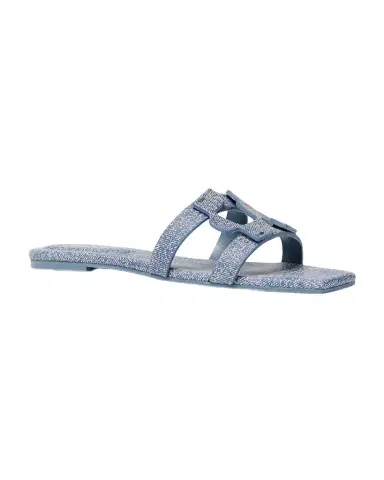 SIMKHAI Monogram Denim-Printed Leather Slides | Thumbnail 1 SIMKHAI Monogram Denim-Printed Leather Slides | Thumbnail 1