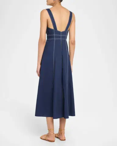 TANYA TAYLOR Caprice V-Neck Denim Midi Dress with Bows | Thumbnail 2 TANYA TAYLOR Caprice V-Neck Denim Midi Dress with Bows | Thumbnail 2