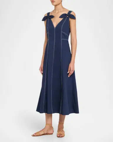 TANYA TAYLOR Caprice V-Neck Denim Midi Dress with Bows | Thumbnail 3 TANYA TAYLOR Caprice V-Neck Denim Midi Dress with Bows | Thumbnail 3