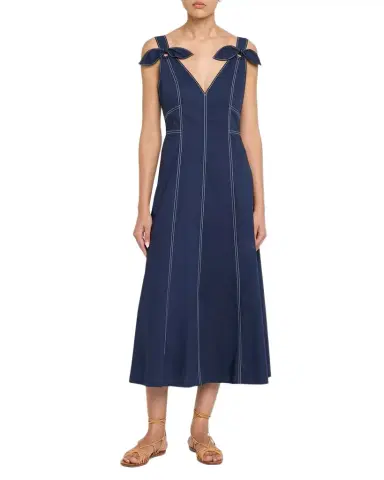 TANYA TAYLOR Caprice V-Neck Denim Midi Dress with Bows | Thumbnail 1 TANYA TAYLOR Caprice V-Neck Denim Midi Dress with Bows | Thumbnail 1