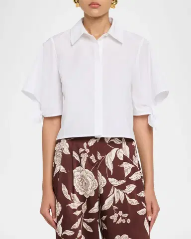 TANYA TAYLOR Corinna Cropped Tie-Cuff Cotton Top | Thumbnail 3