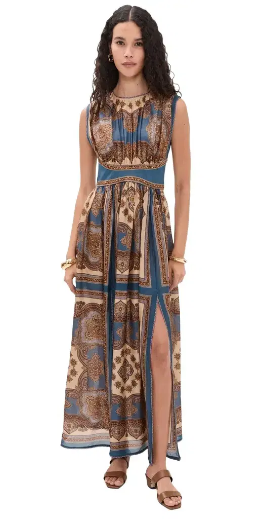 Mahon Waisted Silk Maxi Dress Dark Blue Paisley