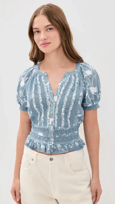 Alice + Olivia Kathryn Embroidered Blouse Deep Denim Blue/Vanilla L | Thumbnail 2 Alice + Olivia Kathryn Embroidered Blouse Deep Denim Blue/Vanilla L | Thumbnail 2