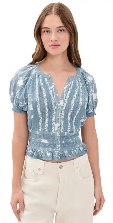Alice + Olivia Kathryn Embroidered Blouse Deep Denim Blue/Vanilla L | Thumbnail 1 Alice + Olivia Kathryn Embroidered Blouse Deep Denim Blue/Vanilla L | Thumbnail 1