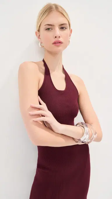 LE BOP Carey Knit Halter Dress Burgundy L | Thumbnail 5