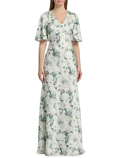 SACHIN & BABI Women's Mae Floral Flutter-Sleeve Gown - Champagne Magnolia - Size 14 | Thumbnail 3