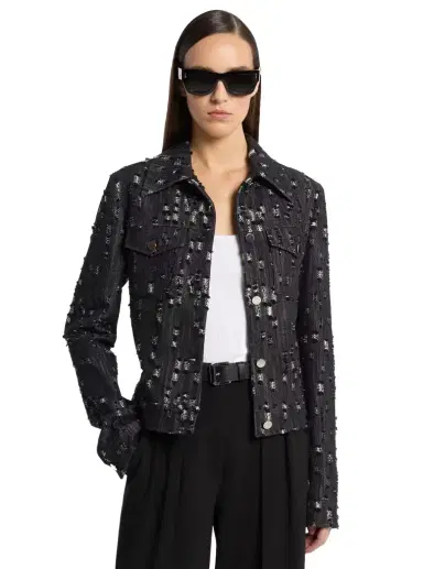 Michael Kors Collection Frayed Denim Jacket | Thumbnail 1 Michael Kors Collection Frayed Denim Jacket | Thumbnail 1